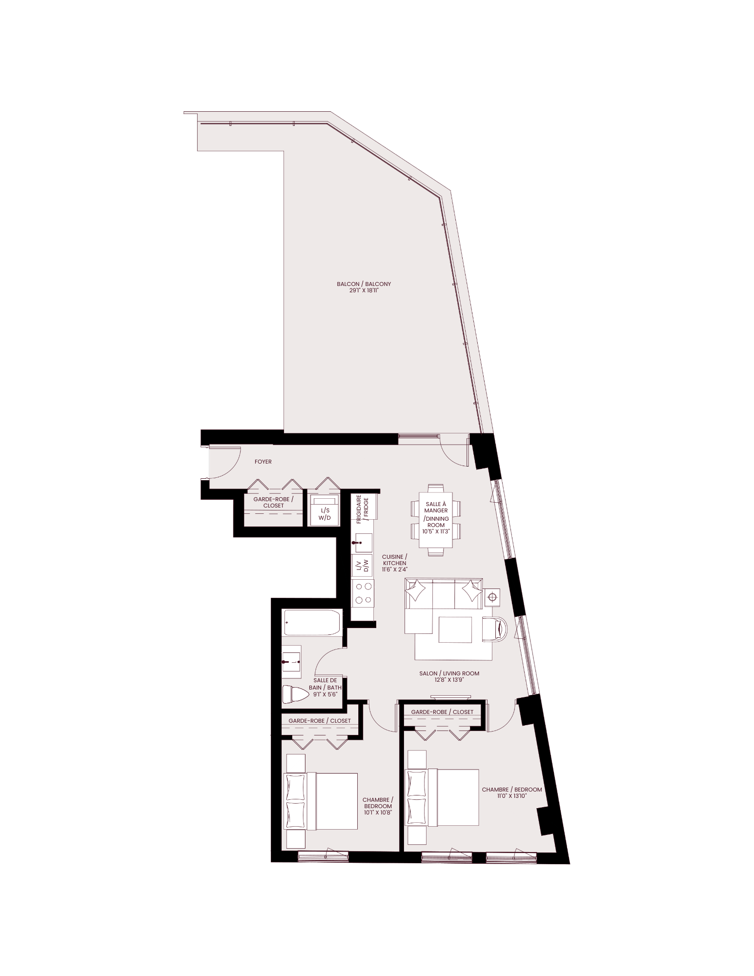 Floor plan for 2 beds, 1 bath, 901 sqft